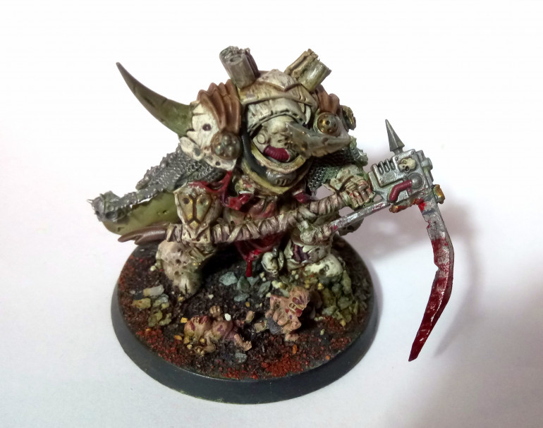 I will take better pictures. I had some fun with some small Mantic minis as nurgling proxies on the base. One showing his butt seemed fun. 