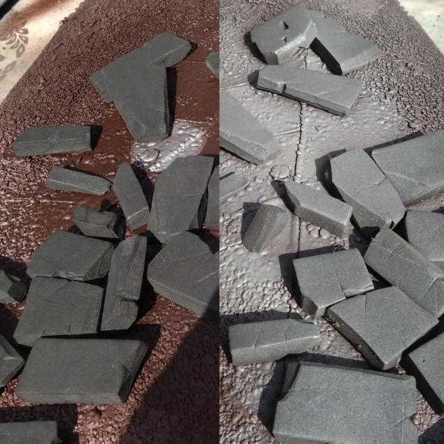 Before and after some cheap grey spray. This denser material came from packaging for something electrical and should look OK amongst the more spongy stones. It's a fantasy game, if anything looks odd I will come up with a headcanon reason why that's what I intended all along.