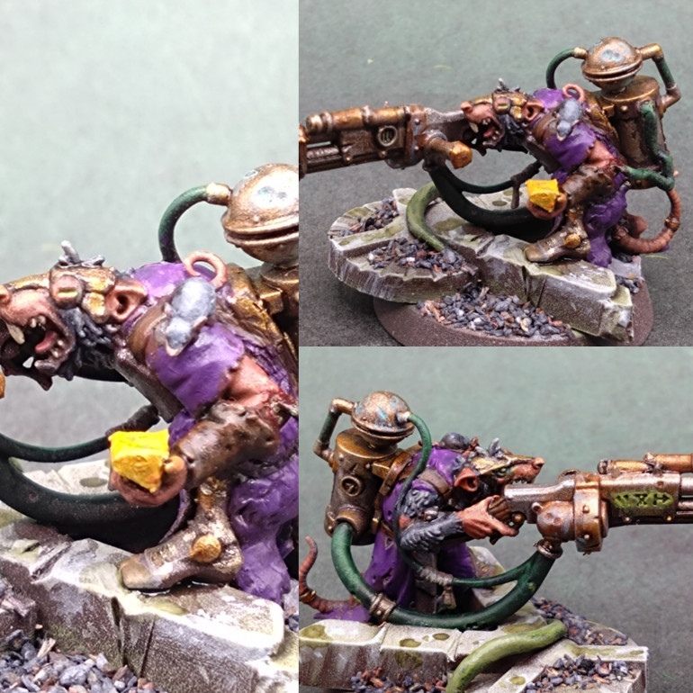 I had taken the advice of the Age of Sigmar Skaven Players Facebook page on how best to use the extra half of a body and they suggested the Engineer. I looked at the engineer in the SkavenTide box and saw that they had a pet rat, so I leant into that hence the silliness of the cheese wedge and the Frostgrave Wizard sprue mouse.