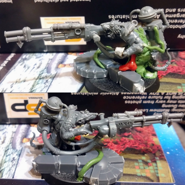 I did an engineer kitbash from a Jezzail half body. The sprue gave you the ability to create 3 full bodies and the variety of 4 right hand sides of the body. Bits: Northstar gnoll left arm, Mechanicum left leg, piece of gun barrel as the gun handle, cheese wedge of sprue, Northstar wizard sprue mouse, shortened the barrel of the gun and Greenstuff to fill the left hand side of the body. The basing is from the SkavenTide terrain sprue.