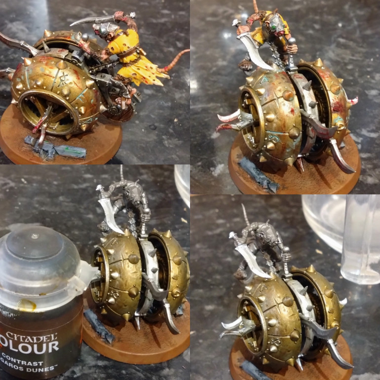 The progress was pretty swift on the second one. The Contrast Dunes brown was a nice starting point for the wheel, then the dry brush of gold and silver and the Typhus Corrosion brown and verdigris all worked out well.