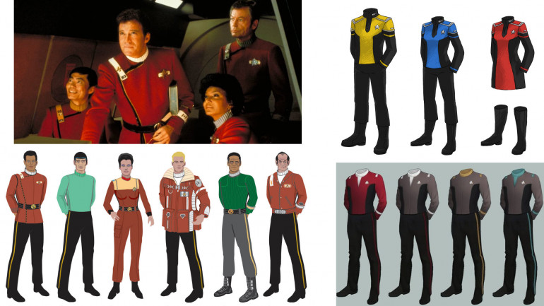 Clockwise from top left: image from Star Trek II; fan-made uniform designs by Nomnomroko on DeviantArt; more fan-made designs (I couldn't find an artist credit for these); movie-era uniform variations from the Star Trek Encyclopedia