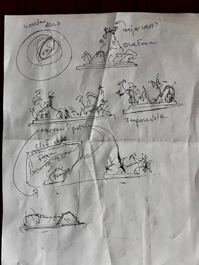 Sketches of how I might stagger the levels and create paths and cover.