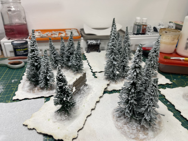 comparison shot between the doloped tree (front left) and the dusted trees (all others)