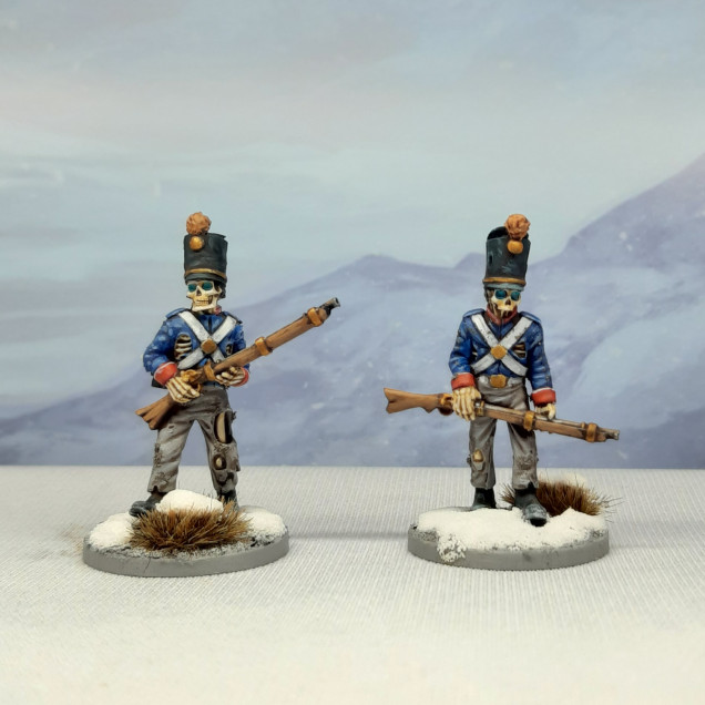 A pair of skeletal soldiers, again released from North Star to support the latest expansion for the Silver Bayonet, the Shades of Calabria. I didn't really try to paint a particular uniform for these two, and possibly could have dirted them up a bit more.