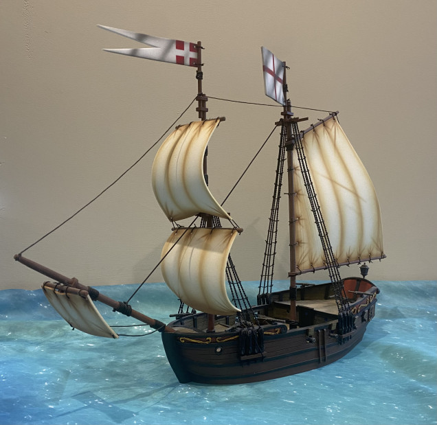 Brigantine armed with 8 light cannons and 6 swivel guns.  A relatively standard ship with average manoeuvrability, firepower and protection.  This model is from the Firelock Games range and is shown with English Colours.