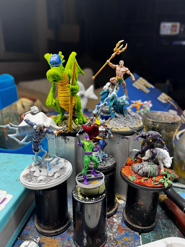 Worked on yellow for a while. Also built up some of the greens.  Both of which helped finish off the Loki figure.  So I added a little color to Thor, Prince of Asgard.