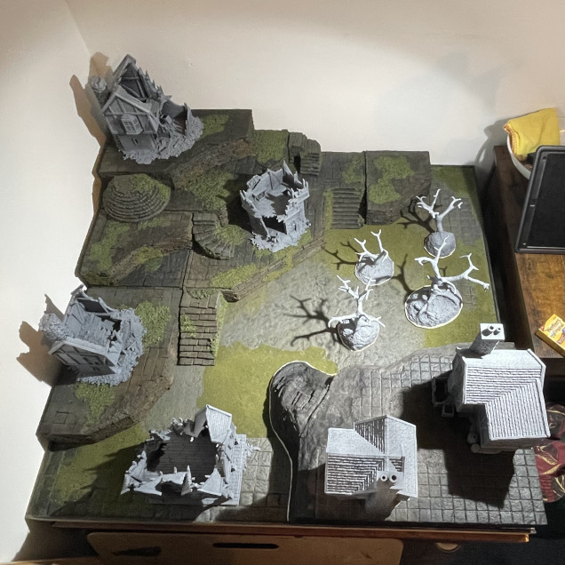 Requiring paint and some texturing are the 3D printed buildings and the trees I’ve made. As well as the new piece of raised terrain. I’m not going to make anything else at the moment for the rest of this month I’ll be adding colour and getting the board ready for it’s first game in February.  