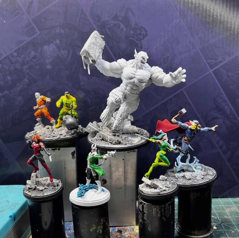 1/22 Lots of Basecoats.  Sin, Loki, and Viper all got work as well as a couple colors on the Wrecking Crew.  Thor is ready for highlights and details.  Abomination is still just primer.