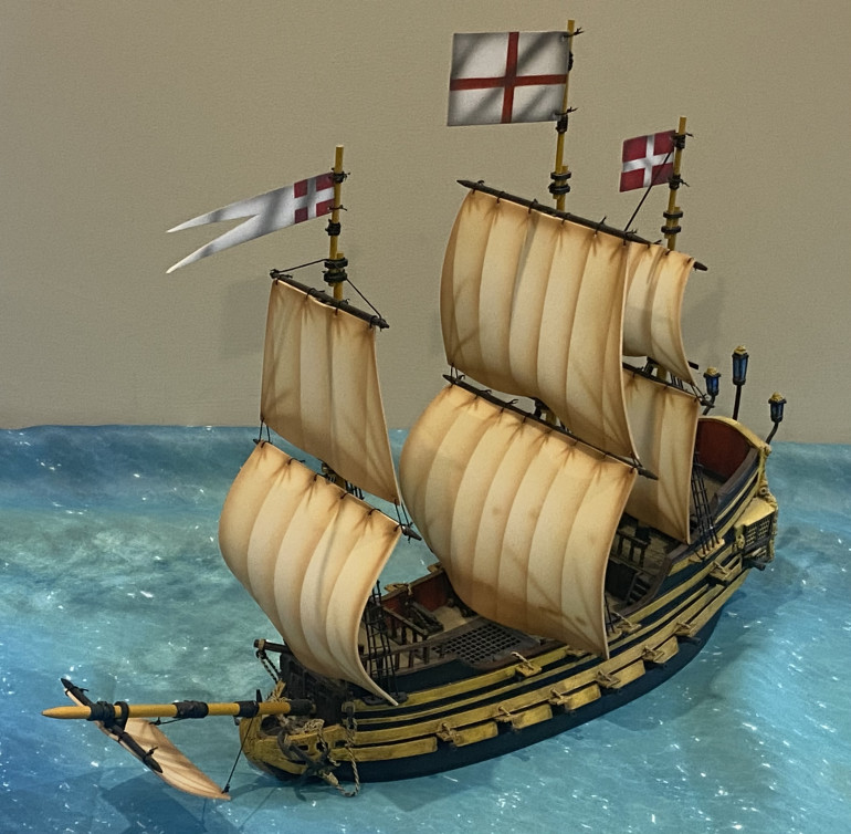 Ainsty Castings resin Man of War.  Armed with 24 Cannon, including a pair of bow chasers, spread over two decks.    Flying English colours and currently the second largest of my assembled ships.