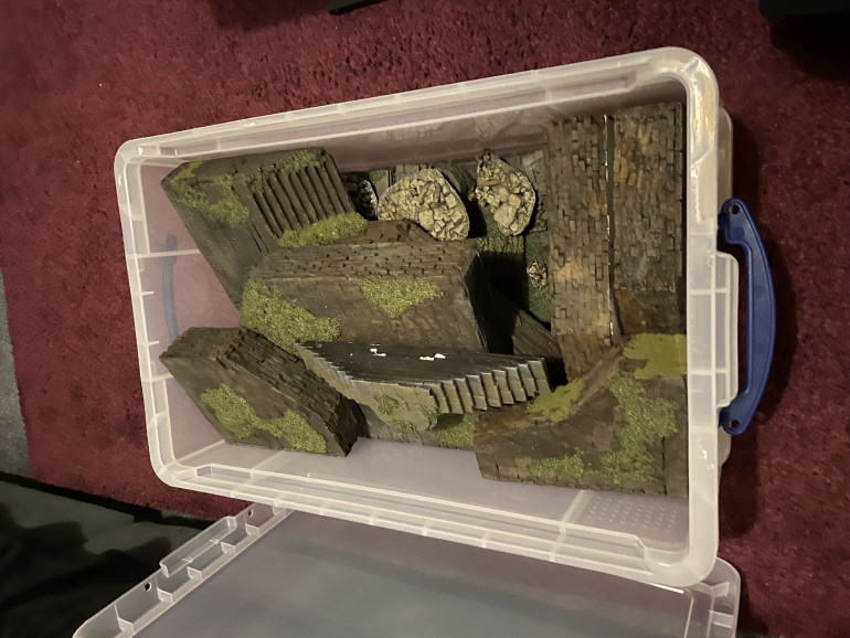 Stores away nicely into the box for transport. Will need a second box for the 3D printed elements and the trees but ultimately it won’t be a massive pain to take places to play on. 