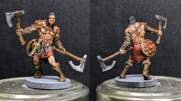 Fur from last was a dry brush of pale tan then a good coat of Agrax. Have been bulding up the leather but right arm needs attention. Almost too much going on with this one but I have the metalics down so now its about picking out all that detail.