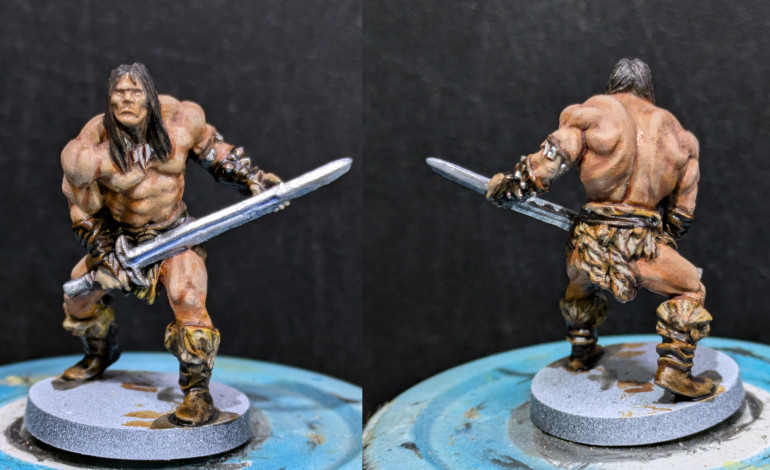 Fur from the previos step was random bits of pale tan, very light black dry brush, then pin wash with Agrax. Needs a little work on the face. Not  yet happy with sword