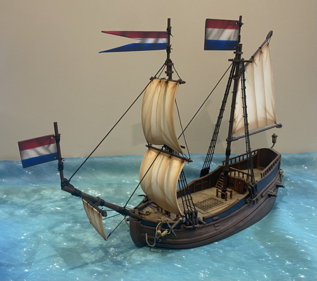 Anisty Castings Resin Merchantman.  A rather robust ship with only minimal armament of 6 cannons.  Currently flying Dutch colours.