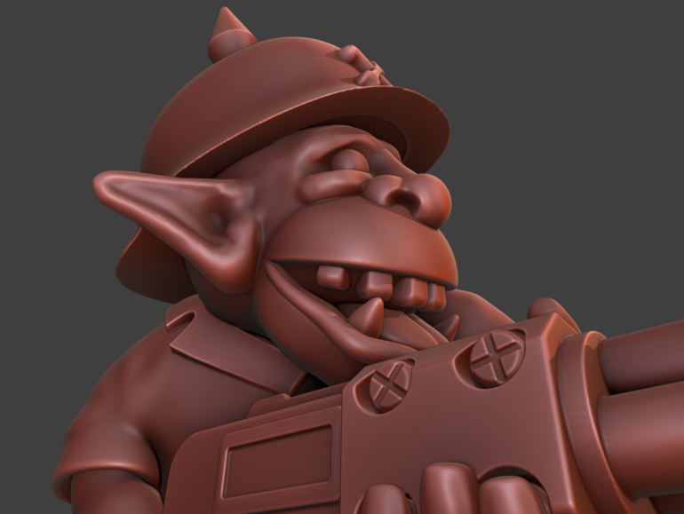 top of mouth filled and behind teeth. Helmet also filled and combined.