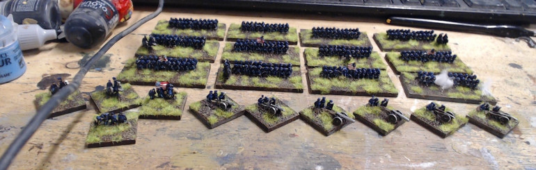 The first half of the new Union forces. All of these infantry are actually Irregular 6mm Russian Militia but they work just as well for Union troops.