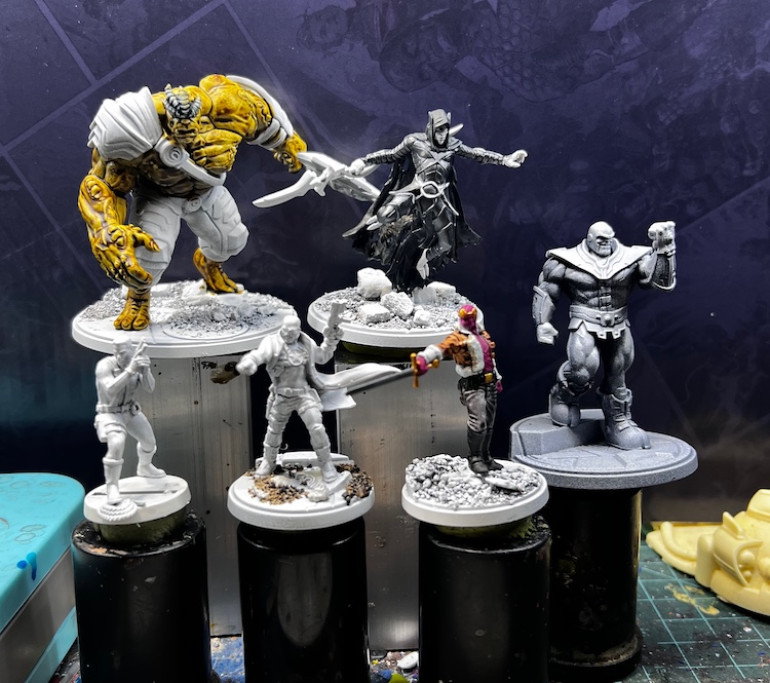 Corvis Glave is just about done with his base coating. I finished Super Giant and replaced her and Warlock with Nick Fury Jr and a Shield grunt. Warlock will be back as soon as I figure out my plan. I like how the zenithal priming on Thanos makes him look like I've already started him.