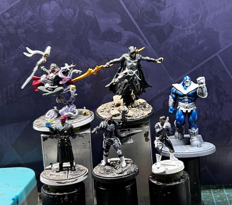 Thanos' blue is coming along nicely, almost done actually. Doctor Voodoo and Red Skull both heading to detail work.