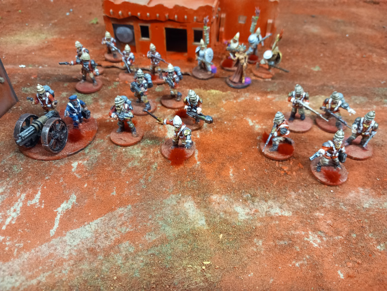 Mh xenos Rampant army. Two units of infantry with bayonets after ten points. A five point heavy infantry unit with heavy weapons. Artillery heavy weapon for nine points and a native infantry recon infantry veteran unit with a psychic for five points.