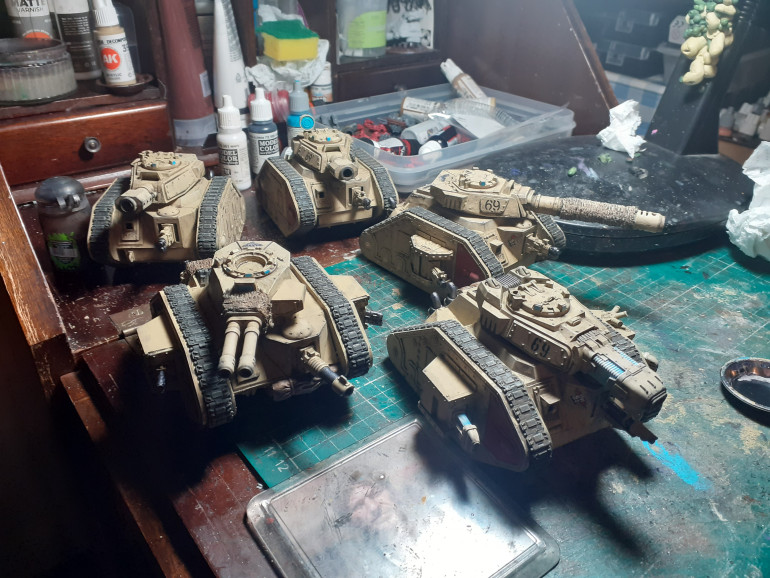 Painted up some tank support as well, had these built I'm a box for years one of them is a lemun russ from the first plastic release so that one is the tank commander. Went with a simple single colour scheme rather than cammo so I could get them all painted quickly rather than sitting in a box looking grey.managed to get these tanks done in two evenings. 