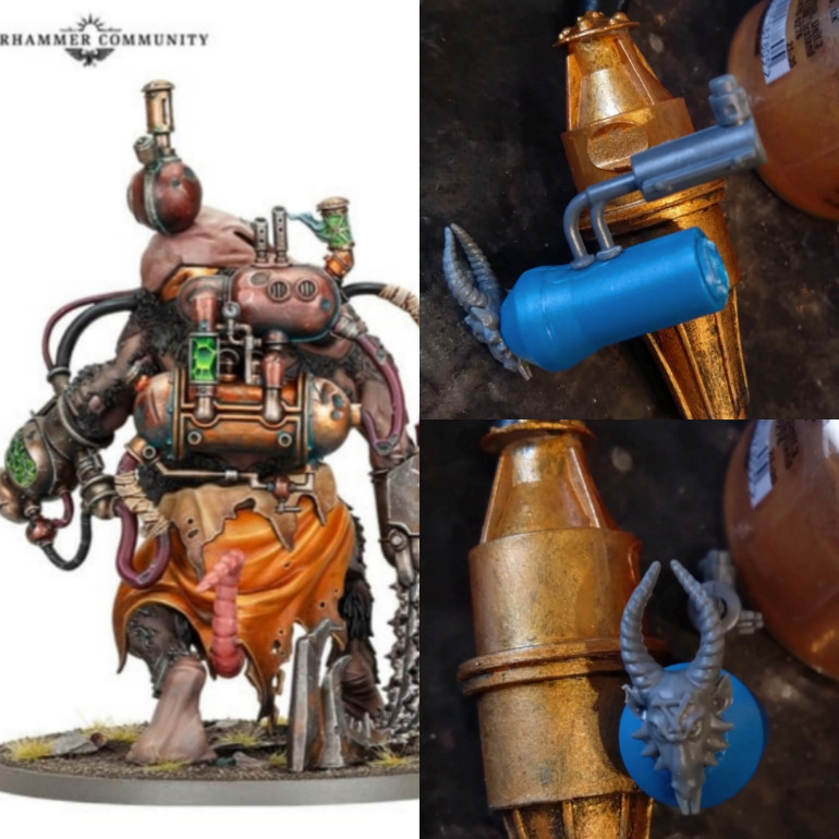 I glued two diabetic needle covers together and cut off one end on one of them. Slapped a shield over the end and painted it all gold and feel with some skin wrapped around it here and there it will centre the kitbash.