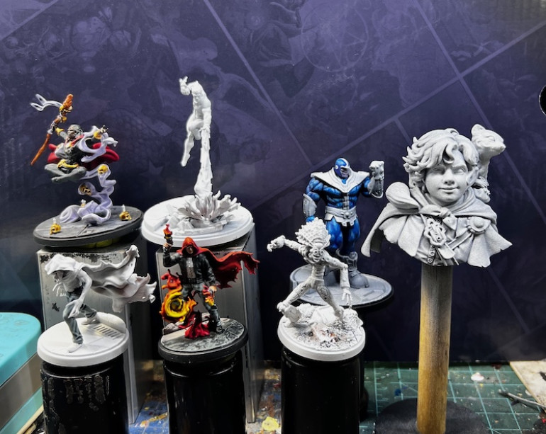 SHIELD Agents are finished. The demon form of the Hood, Warlock, and Sunspot have joined the table as well as the Halfling bust that has been so distracting.