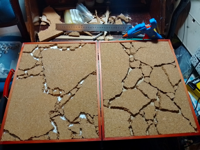I used cardboard to make each side level then broke up cork tile to make a cool texture