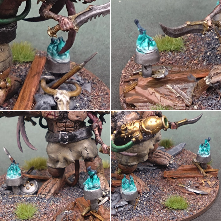 The base felt empty. The mini must not just be a Frankenstein rat monster. I think there are some rituals required to get him on the move and the flames amongst a pile of bones and weapons does the trick. I used an alternative Gotrek Gurnisson base and a bits box raid as 