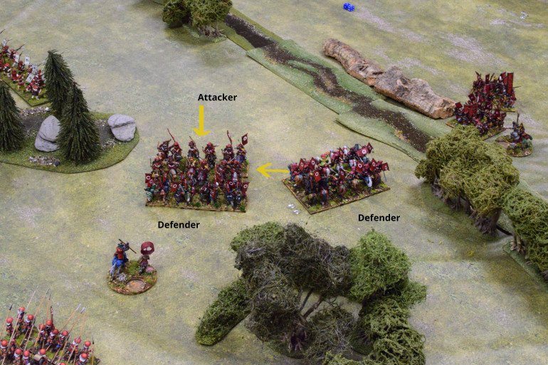 In the centre the Attacker’s Mounted Samurai charge and rout the Defender’s Foot Samurai.  The Defender’s Mounted Samurai try and get revenge, but are destroyed.