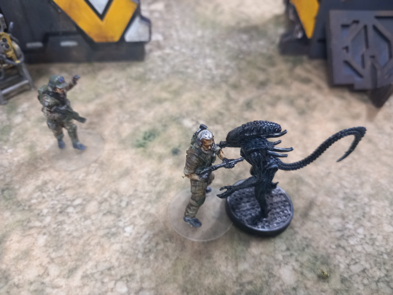 Out of no where motion trackers warn of approaching xenos. Before Sgt Beck can fire a round he is knocked to the ground and incapacitated. Armstrong saves his comrade and orders his men to carry the Sgt to safety 