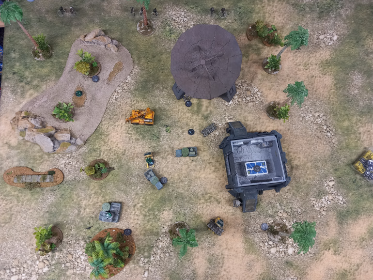 Comms have gone down on the tropical world of LV4-76 known as Brierleys world. The planetary Marine garrison has sent a squad to survey Comms tower ten. For a game of Bughunt 6 dice are positioned around the board numbered 1 to 6. Three dice are rolled to indicate which ones are objectives. Each objective is rolled for to discover mission parameters. Command want the hill scouted. The cargo stack needs securing and ghe beacon reactivated. Also on the board are 6 random locations which can be discovered. Unfortunately there are motion blips on each objective that may reveal something nasty.