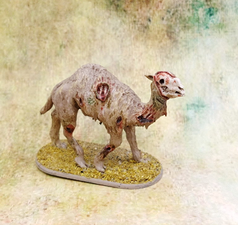 I used some watered down Blood for the Blood God paint where I went for the gore. Didn't think this zombie in the desert would be that wet and gooey. I think there's a mix of Morghast Bone, Zandri Dust for the base until I was happy, a dry brush of Wraithbone and some gore and highlights for the exposed bones.