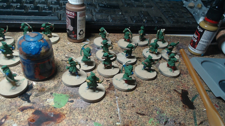 The Hobbits look deceptively bland right now but once the white striped gambeson and helmet roll is on they'll actually be quite colourful.