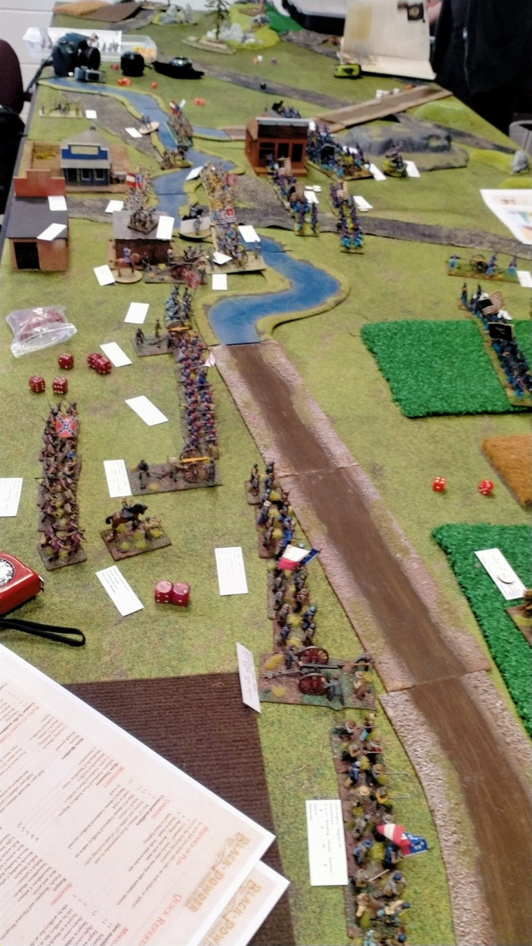 The opening turn with the Confederates rolling for Command and coming onto the board.
