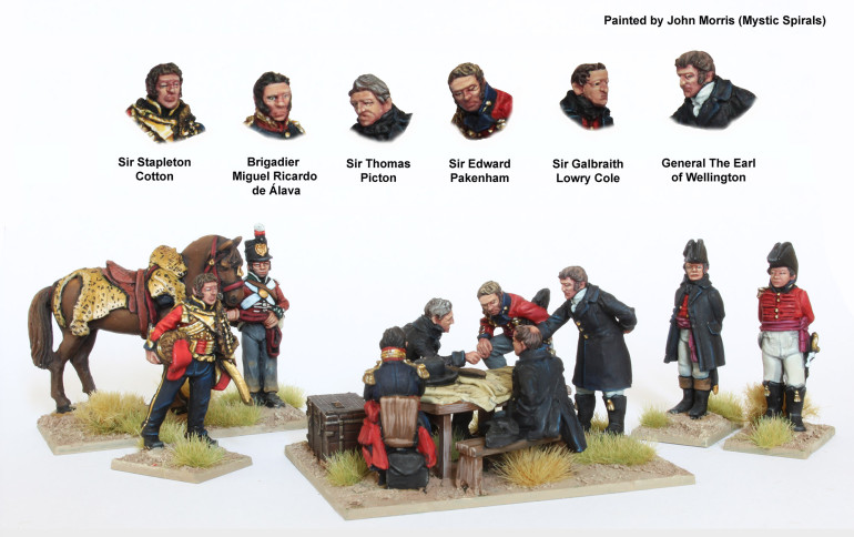 Three of the figures come from the Perry Miniatures BH 150 Wellington and staff around a map table (Peninsular War) set. 