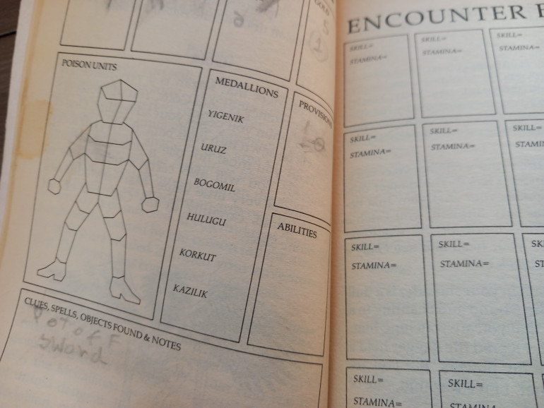 After a fight at the start of the book you get poisoned. As the game goes on you use the adventure sheet to mark the poisons spread. I like to think of all the poison starting in my foot.