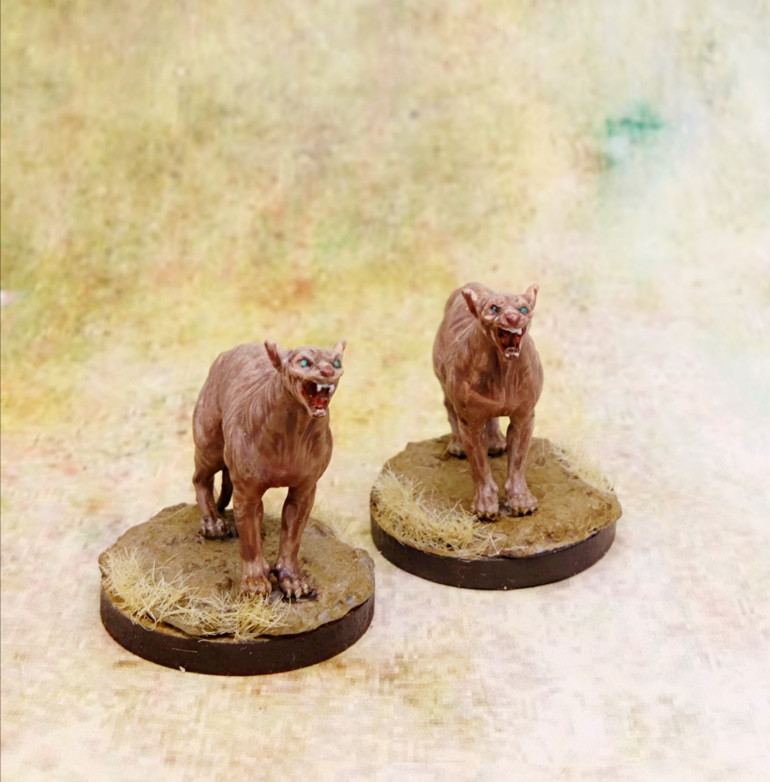 Only-Games described these as sphinx. I am not sure. They're fearsome bald big cats and if they don't fit into the bestiary I will crowbar them into their own scenario or stat line to make an appearance at some point.