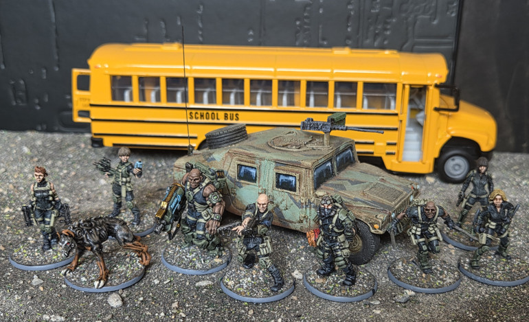 The Corporate Mercenaries/Operatives, mostly Hasslefree figures unless otherwise stated. The HMMV is a model by Imprint models which are now produced by Empress miniatures, a cracking little model. For my aerials I use bristles from a brush pan brush, best thing ever they never break and bounce back into shape.