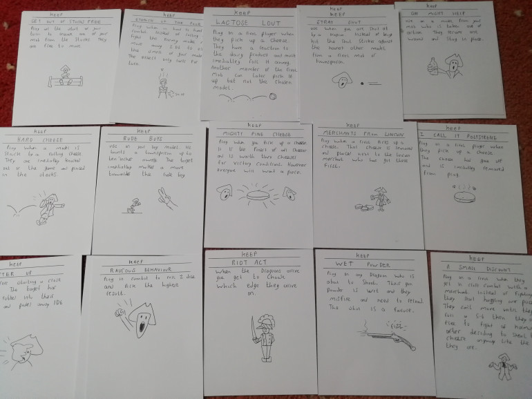 My previous event cards were just hand drawn on bits of paper. I went back and got some images and a few shots with friends dressed up to recreate events from history or just likely funny incidents. The cards are played during the game to  help or hinder players.