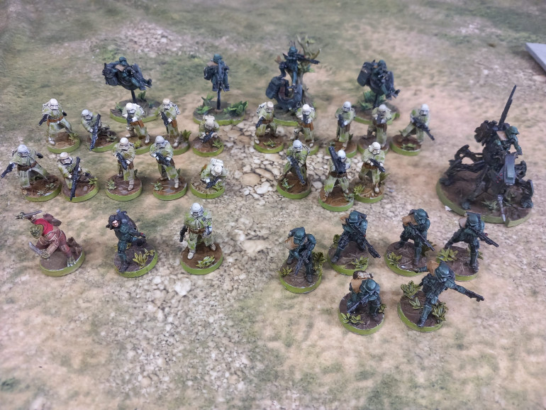 My finished imperial force in tropical gear. I felt that after the death star was destroyed the empire might send a reconassence force first before the boys in white go in. So a more of a scouting force. I made the force for use with xenos Rampant or perhsps five parsecs tactics.