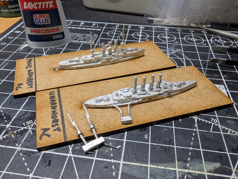 Armoured Crusiers SMS Prinz Adalbert and SMS Scharnhorst in 1/2400 being assembled and based.