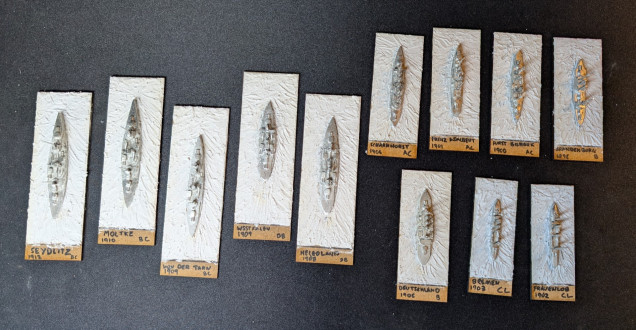 Various 1/2400 scale WWI German Imperial Navy ships based and ready for painting