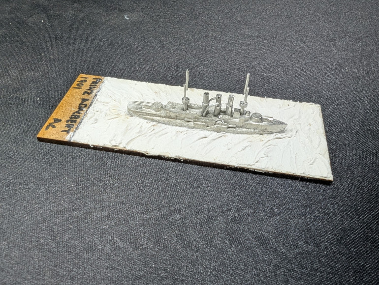 SMS Prinz Adalbert on mdf base with filler applied to create a sea texture