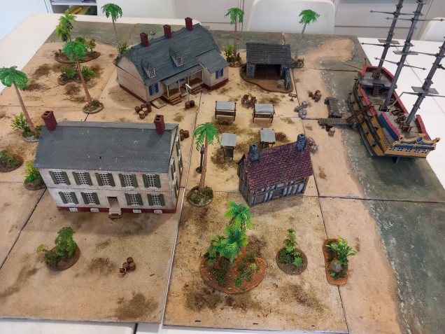 I got together with some workmates to play legends of the high seas. I had everyone working together as one crew trying to steal a ship from my GM run redcoats. To win more pirates had to be near the ship than redcoats. It was a fun game with running blackpowder gunfights across a market area. The pirates only list one man to gunfire before getting in close and personal with some sword play. The players loved the spectacle of the board and the ship which we nicknamed the MDF colonialism. We are going to do more so we will see where the crew go next.