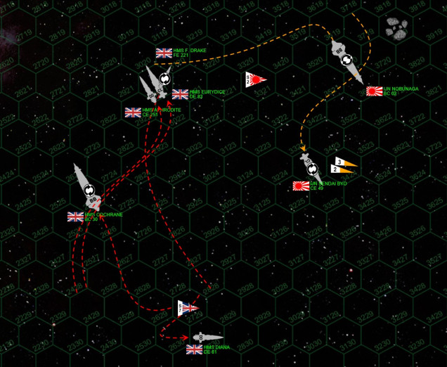 Good news, I've finally managed to roll my ship.  Bad news, I've now taken sensor damage as well, giving me a penalty to hit - making it all but impossible to get through Japanese shielding. My escort ships sidestep closer, closing the range to make their to-hit rolls a little easier.  But of course my big battlecruiser can't execute the required S-turn just yet - she's actually very fast for a battleship but no battleship turns on a dime.  I have to hope I get lucky, and I actually do.  One of the few hits I score takes out some of Nobunaga's maneuvering thrusters.  Rasmus is going to have a much tougher time making turns and rolls now, making it easier to predict where he will be next turn. Meanwhile we continue to fend off waves of Japanese scout planes and torpedoes.   