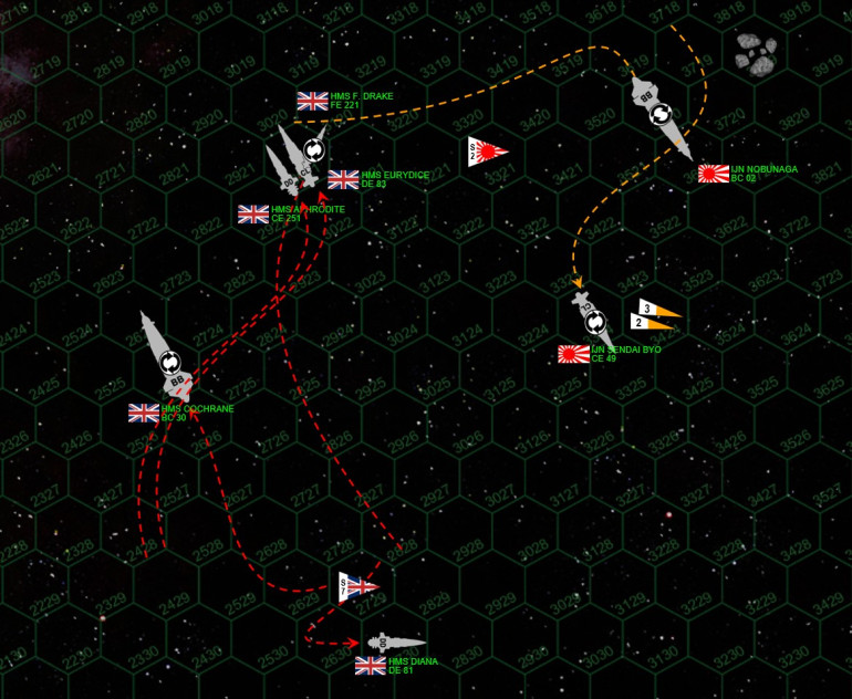 Good news, I've finally managed to roll my ship.  Bad news, I've now taken sensor damage as well, giving me a penalty to hit - making it all but impossible to get through Japanese shielding. My escort ships sidestep closer, closing the range to make their to-hit rolls a little easier.  But of course my big battlecruiser can't execute the required S-turn just yet - she's actually very fast for a battleship but no battleship turns on a dime.  I have to hope I get lucky, and I actually do.  One of the few hits I score takes out some of Nobunaga's maneuvering thrusters.  Rasmus is going to have a much tougher time making turns and rolls now, making it easier to predict where he will be next turn. Meanwhile we continue to fend off waves of Japanese scout planes and torpedoes.   