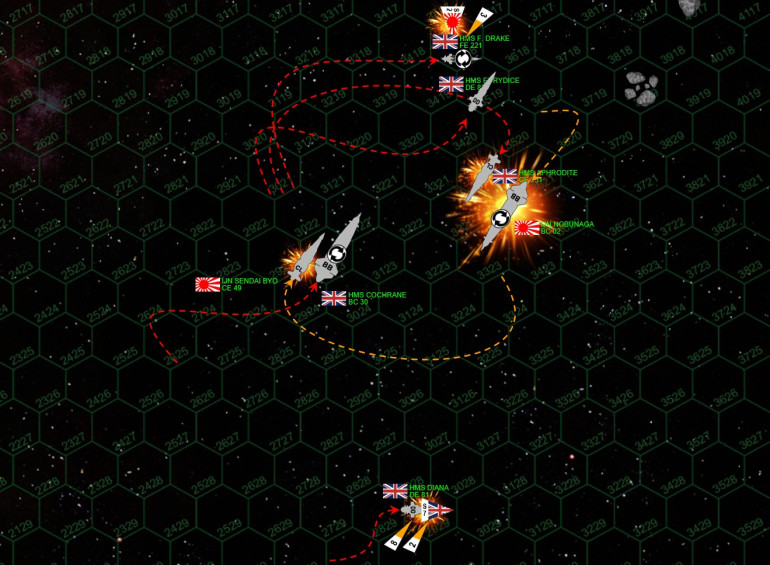 The end comes swiftly.  Ramus pivots Nobunaga inside our wheeling waltz, thus presenting my guns with his undamaged port BOW rather than his port quarter (remember he's inverted, so what looks like his right side is actually his left side, etc).  Ironically, our battlecruisers can barely hurt each other immediately, both of us facing (yet again) fresh armor and shielding.  But our light cruisers, the IJN Sendai Byo and HMS Aphrodite, can cut in against each other's damaged quarters, even if that means instant, point-blank destruction at the hands of battleship-grade guns at 0 hexes and 1 hex range.  Needless to say, we both sacrifice our light cruisers here.  But for a chance to take out a battle cruiser and thus win the game?  The difference here is that the Nobunaga has lost her port quarter shields, HMS Cochrane's quarter shields are still up.  Cochrane takes horrific damage, but manages to stay operational.  Nobunaga loses power as Aphrodite's y-gigawatt rail guns tear through exposed reactors and armor.  She's left burning and adrift in space, and the British limp away with a smoking, blood-splattered, exhausted victory in the Battle of Nygoshima Lambda.  As badly damaged as she may be, an operational BATTLECRUISER in low orbit over the Japanese csurface colony makes the imminent British troop landings a foregone success, marking a big step forward in the ongoing Persei-Aries War.