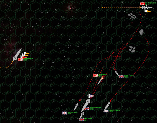 The British come out of the asteroid fields in pretty good order.  Two Japanese ships are already crippled, a third is looking for the door.  The destroyer HMS Diana is in very bad shape, and the Francis Drake has had much of her bow all but blown off.  Meanwhile, the two battlecruisers (basically, lighter, faster battleships - a kilometer long and weighing up to 400,000 tons - and yes, these are the small ones that trade some firepower and protection for speed) finally come to blows at broadsides at 1,800 kilometers.  That's very close for guns of this caliber.  At least part of the British plan has worked, the Japanese have been denied the longer-range gunnery duel they would probably prefer.