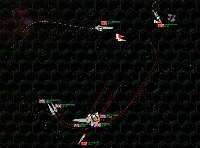 The advantage returns to the Japanese here.  As the battlecruisers HMS Cochrane and IJN Nobunaga start to wheel around each other, still pounding away with starboard broadsides, the British have a problem.  I'm still carrying too much speed.  In summary, I can can slow down, turn, or roll my ship over.  It's space, after all, I can roll my ship to present fresh armor and shielding if my starboard side gets beaten up too badly.  The problem is ... I'm going at such a speed I can afford to two TWO of these things.  So I turn and slow down.  But I can't roll over.  Rasmus rolls IJN Nobunaga, thus presenting fresh shielding and armor on his port quarter instead of his badly-damaged starboard quarter.  I can;t do that quite yet, I'm still moving too fast ... so I have to eat another withering Japanese broadside in my burning, wounded side.  Balanced against this, I still have my escort fleet in pretty good order, so they're adding lots of smaller guns to the argument. 