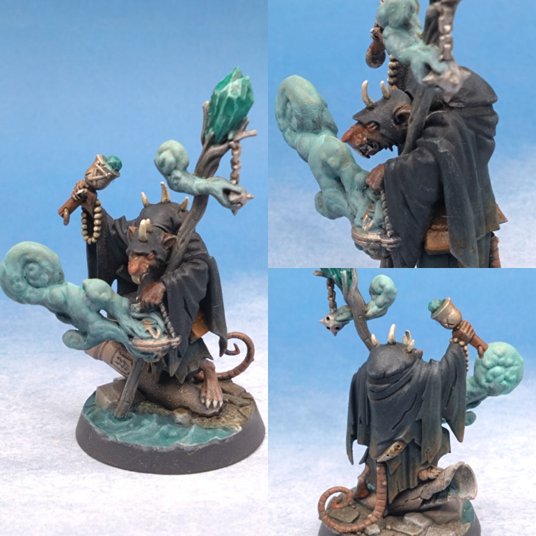 The smoke was an Army Painter paint being called Ghost Juice. Pastel Seafoam. And the gems were a Contrast Green called Aethermatic Blue.